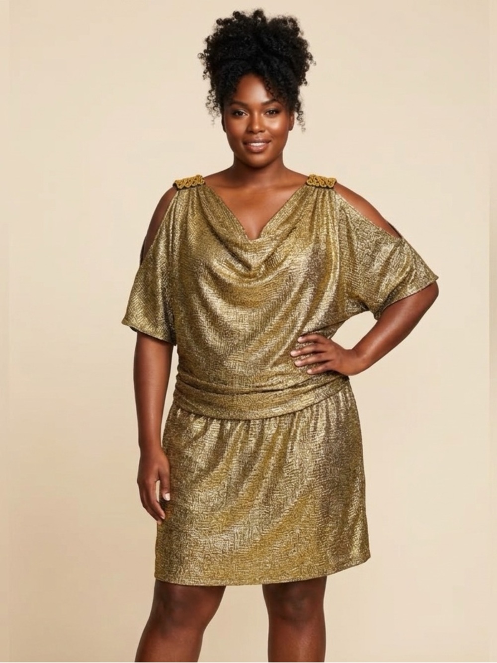 Betsy & Adam Gold Shimmer Cold Shoulder Cocktail Dress ✨